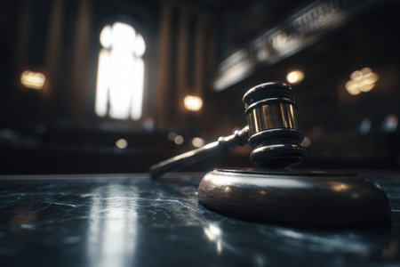 A close-up shot of a gavel in an elegant courtroom setting, showcasing cinematic realism and a calm mood with a shallow depth of field.の素材