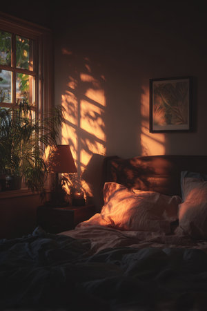 A Scandinavian bedroom at dusk, featuring soft warm lamplight casting shadows on the wall. The intimate, cozy atmosphere is enhanced by cinematic realism and natural elements.の素材