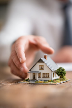 A real estate agent explains an investment plan using a detailed property model. The image features cinematic realism with a shallow focus, highlighting the miniature house.の素材