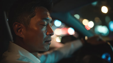 A middle-aged Asian man with short black hair dozes off while holding the steering wheel. The car interior is illuminated by oncoming headlights, creating an atmosphere of fatigue and risk.の素材