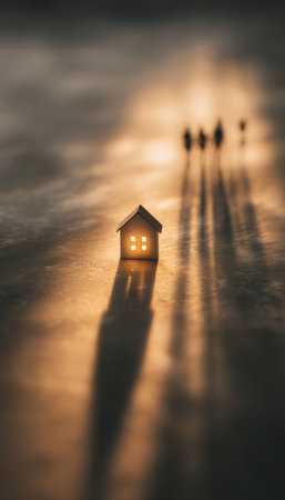 A miniature house is illuminated by sunlight, symbolizing home ownership. The blurred figures in the background add a sense of cinematic realism to the scene.の素材