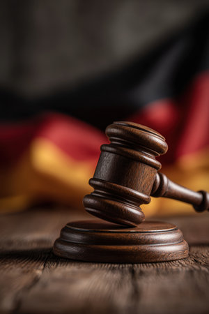 High-resolution image of a gavel on a wooden table with the German flag draped behind. Captured in soft ambient light, the photo features symmetrical framing and neutral tones.の素材