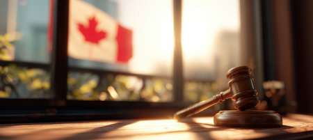 Photo-realistic image of a gavel and scales in a Canadian courtroom. The Canadian flag is visible outside the window, illuminated by early morning sunlight.の素材