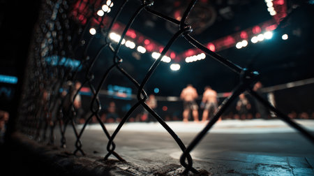 A photographer captures an MMA fight from ringside, with a blurred cage mesh in the foreground. The vivid motion blur and color grading enhance the dynamic atmosphere of the event.の素材