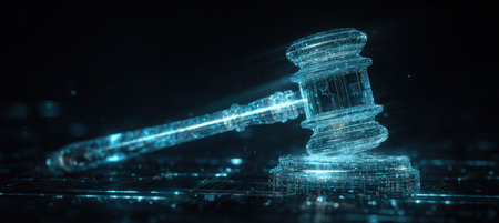 A cinematic depiction of a futuristic gavel made of holographic light, symbolizing a sci-fi interpretation of the justice system. The digital design emphasizes modernity and innovation.の素材