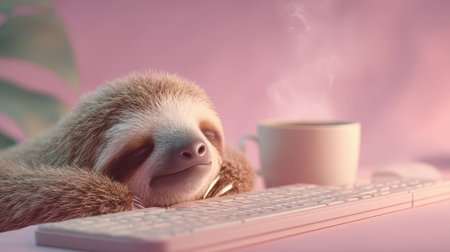 A sleepy sloth rests its head on a keyboard, with a steaming cup of coffee nearby. Set against a soft pink backdrop, this image captures a lazy morning vibe in cinematic macro realism.の素材