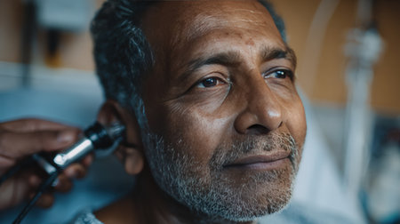 A middle-aged man with short grey hair is examined by a doctor using an otoscope in a hospital environment. The scene captures an authentic healthcare interaction.の素材