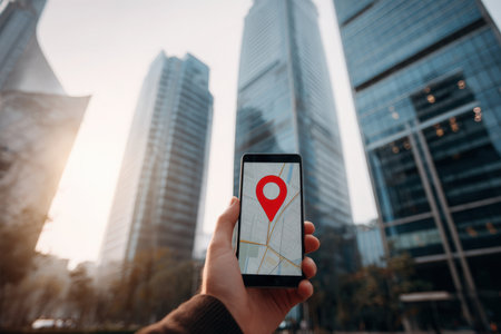 A smartphone displaying a map with a red location pin is held in front of modern skyscrapers, symbolizing urban navigation and technology. The image features cinematic realism and a shallow depth of fの素材