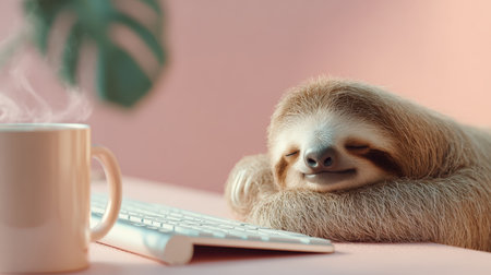 A sloth peacefully rests on a minimalist desk, accompanied by a warm mug and keyboard. The scene exudes a cozy, lazy morning vibe with a clean pastel aesthetic.の素材