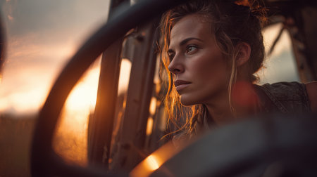 Artistic portrait of a female farmer framed by a tractor wheel, capturing cinematic realism and emotion. The warm sunset glow enhances the scene's dramatic and emotional depth.の素材