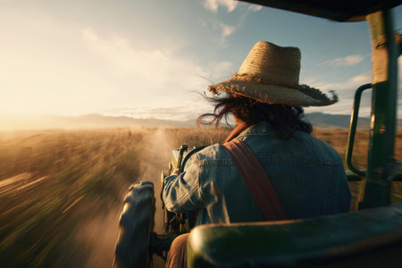 A Latina farmer joyfully drives a green tractor through a wide field during golden hour, capturing cinematic realism and vibrant energy in warm lighting.の素材