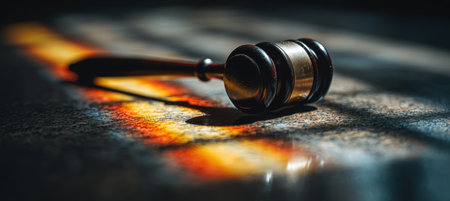 Close-up image of a gavel handle with light reflections resembling the Spanish flag on a wooden surface. Captured in a minimalist abstract style, highlighting texture and color.の素材