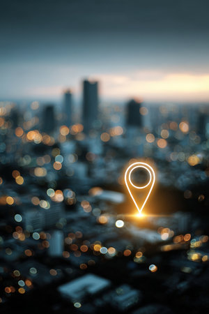 A glowing map pin floats over a blurred cityscape, symbolizing the concept of finding direction in the digital age. The image captures artistic minimalism and modern navigation.の素材