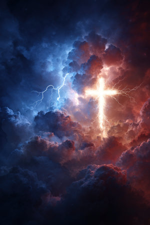 A glowing cross is illuminated within dramatic storm clouds, accompanied by lightning and an American flag, symbolizing spiritual and national themes in high-contrast realism.の素材