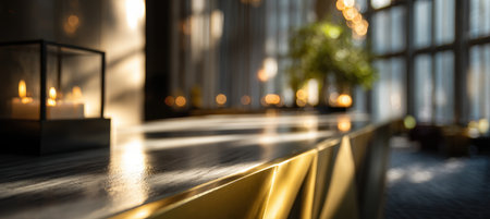 A luxurious concierge counter bathed in evening light, featuring golden reflections and a soft depth of field. The modern atmosphere is enhanced by warm candlelight and elegant decor.の素材