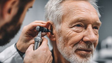 A doctor uses an otoscope to check the ear health of a senior man with grey hair in a modern ENT office. The setting features soft natural lighting, creating a professional atmosphere.の素材