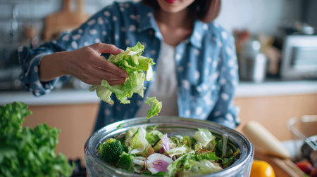 An Asian woman in a casual outfit discards unfinished salad into a kitchen bin, highlighting food waste management. Captured in natural daylight, this mid-shot close-up emphasizes lifestyle.の素材