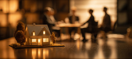 Warm cinematic tones highlight a miniature home in focus during a real estate discussion in an elegant office setting. The storytelling composition adds depth and intrigue.の素材