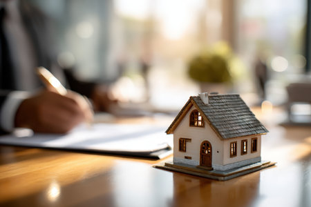 A miniature house model sits on an office desk as a real estate agent and client sign documents in the background. The scene is lit by warm daylight, creating a professional tone.の素材