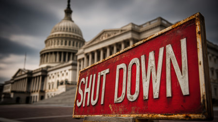 A bold red and white "SHUT DOWN" sign stands prominently against the historic U.S. Capitol building, under cloudy skies. The image captures a dramatic and symbolic editorial style.の素材