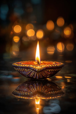 A beautifully crafted Diwali diya with a glowing flame, casting warm reflections. The serene and spiritual ambiance is enhanced by fine-art lighting realism, perfect for festive decor.の素材