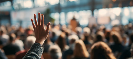A raised hand in a blurred audience during a conference, with a speaker in the background. The scene is illuminated by natural daylight, capturing a moment of engagement.の素材