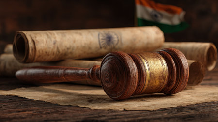 An elegant wooden gavel rests beside legal scrolls with the Indian flag softly glowing in the background. This HDR photo symbolizes law, justice, and cultural heritage.の素材