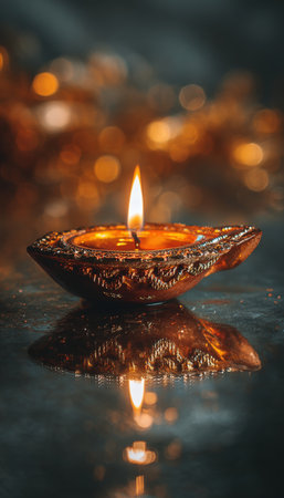 A close-up of a lit Diwali diya with its reflection on a glossy surface. The image features soft orange and gold tones, creating a warm and spiritual aesthetic.の素材