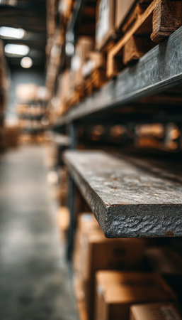 Close-up of a metal shelf showcasing its texture, with a blurred background of boxes in a warehouse. The image highlights industrial detail and minimalistic focus on texture.の素材