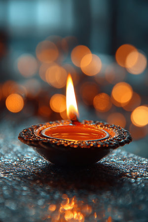 A close-up of a diya flame with a blurred bokeh background, creating a symbolic and spiritual atmosphere. The warm tones and minimalistic style enhance the serene aesthetic.の素材