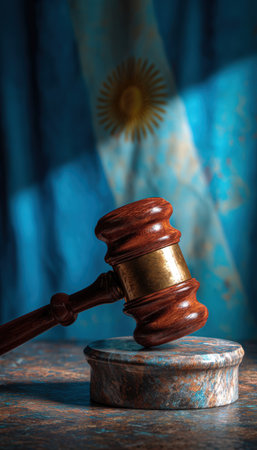 Artistic photo of a wooden gavel resting on a marble base, set against a background illuminated with Argentinian flag colors, evoking a calm and dignified mood.の素材