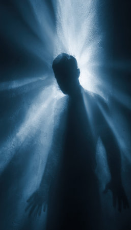 Fine-art emotional photography depicting a human figure dissolving into light, surrounded by shadows. This surreal image explores themes of fear and blame through abstract visual elements.の素材