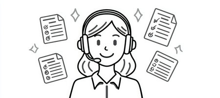 Simple line-art icon depicting a female professional wearing a headset with floating checklists. The monochrome stroke style ensures scalability and clarity for various uses.の素材