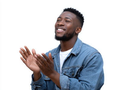 A young man enthusiastically claps and reacts to something off-screen, set against a plain white background. Perfect for social media promotions or reaction advertisements.の素材