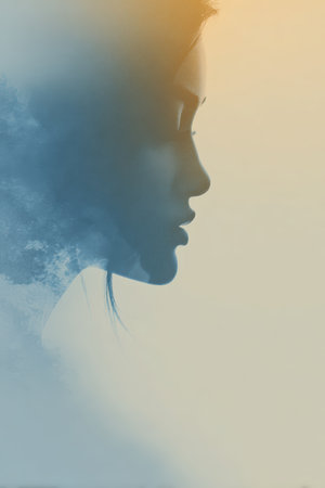Abstract image featuring a blend of soft blue and beige tones with a partially visible female profile. Gentle lighting and fade effect create an elegant design ideal for corporate use.の素材
