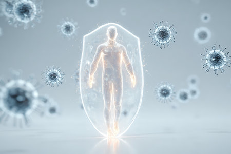 A conceptual 3D illustration depicting a glowing human silhouette encased in a bright shield, symbolizing strong immunity. Faded virus icons surround the figure on a clean white background.の素材