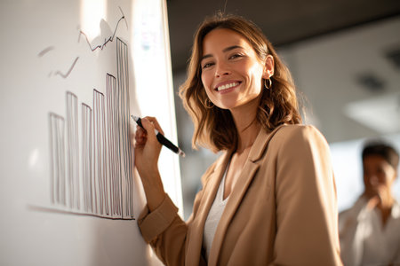 A confident businesswoman in a beige blazer explains a bar chart on a whiteboard during a strategy session. She holds a black marker in a bright, modern office environment.の素材