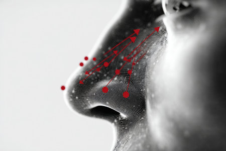 Close-up stylized graphic of a human nose with arrows indicating nasal congestion and pressure points marked in red, set against a white background, illustrating sinus issues.の素材