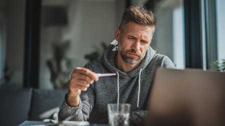 A man in a modern home setting checks his temperature with a thermometer while working on a laptop. The image captures a realistic lifestyle moment, highlighting remote work challenges.の素材