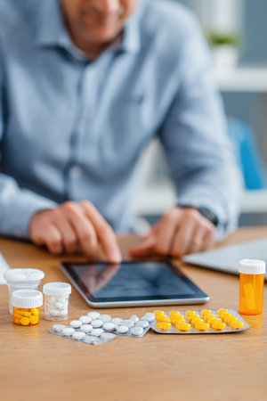 A healthcare advisor in business-casual attire sits at a desk with cold medicine samples and a digital tablet displaying dosage instructions, set against a clean background.の素材