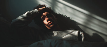 A man lies in bed with his hand on his forehead, staring at the ceiling. The scene conveys anxiety or helplessness, with window light casting long shadows across the room.の素材