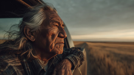 Cinematic portrait of an elderly man with long gray hair, leaning out of a pickup truck. A vast prairie landscape and warm golden sunset create a serene and reflective atmosphere.の素材
