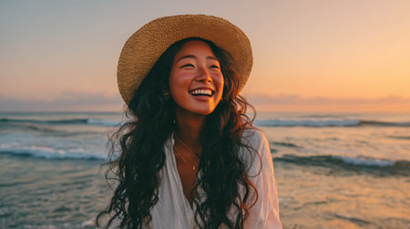 A young woman with long wavy hair and a straw sunhat laughs joyfully by the shoreline at sunset. The ocean breeze and golden light create a serene and joyful atmosphere.の素材