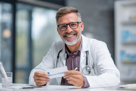 A smiling doctor sits at a desk in bright clinical lighting, holding a pen and a cold medicine leaflet, explaining dosage instructions. The setting is professional and welcoming.の素材