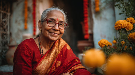 An elderly Indian woman with grey hair and glasses, dressed in a traditional red sari with golden borders, smiles warmly while seated in a vibrant courtyard adorned with marigolds.の素材