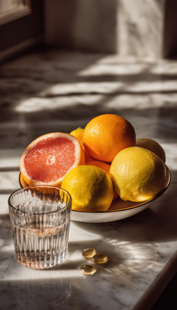 A bowl of grapefruit, oranges, and lemons sits on a kitchen counter beside a glass of water and vitamin C tablets. Sunlight streams in, highlighting the vibrant colors of the fruits.の素材
