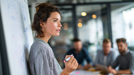 A professional woman leads a brainstorming session, writing on a flip chart while colleagues sit around a table in a bright, naturally lit collaborative workspace.の素材
