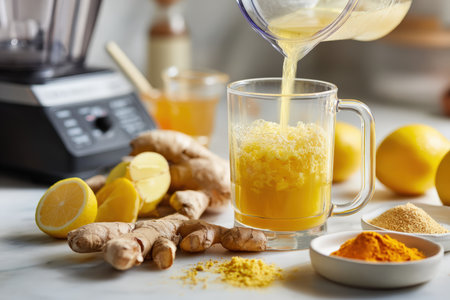 Modern food photography captures the preparation of an immune-boosting drink with ginger, lemon, honey, and turmeric in a clean, white kitchen setting.の素材