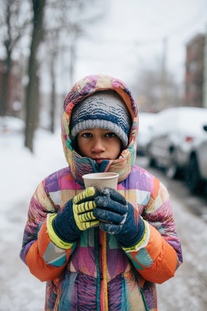 A child dressed in a vibrant puffer jacket, mittens, and beanie holds a warm cup of tea while standing on a snowy street, highlighting warmth and protection in winter.の素材