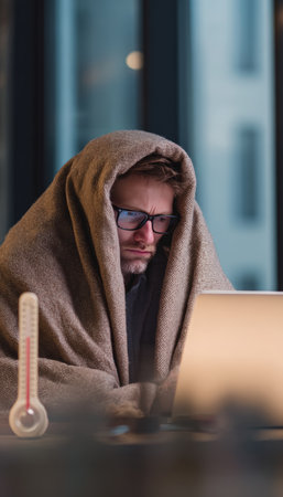 A visibly sick employee is wrapped in a blanket, working on a laptop at their office desk. A digital thermometer is placed beside the keyboard in a minimal corporate interior.の素材